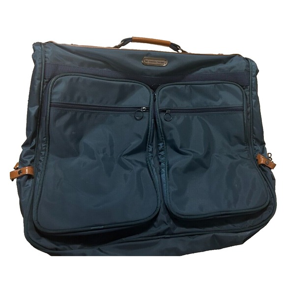 American Tourister Multi Section Blue Garment Bag Travel Heavy Duty Leather trim